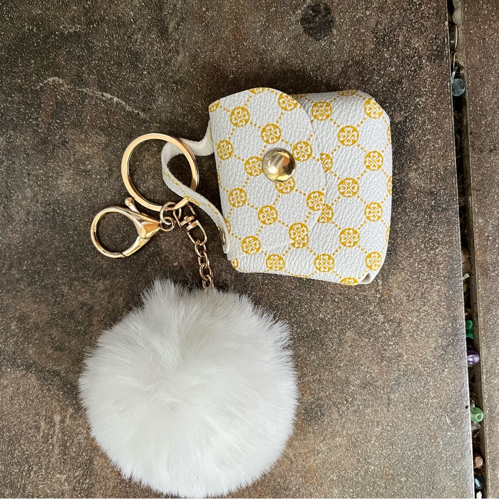 White and Gold Keychain Pouch with Pom Pom